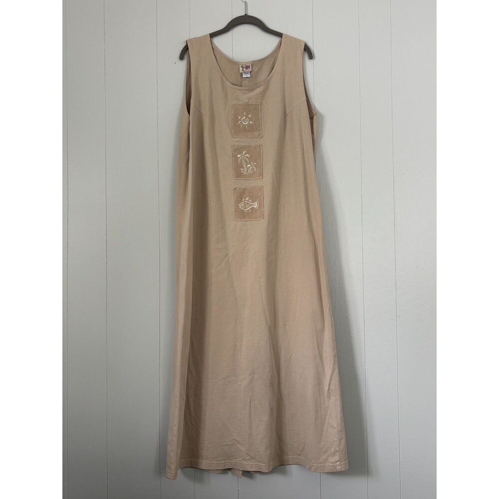 Vintage Cactus California Maxi Dress Womens L Tan Coastal Boho Resort USA Made